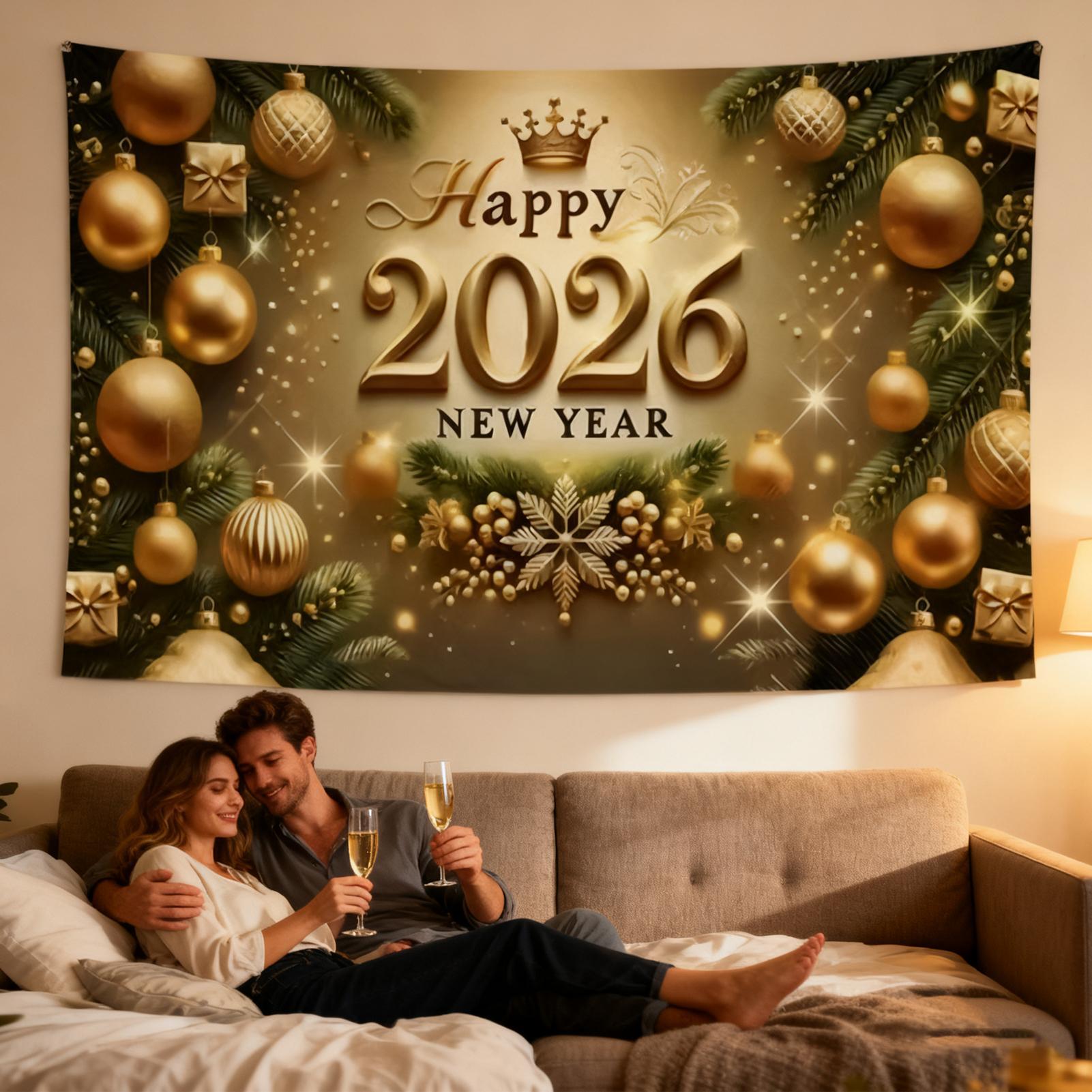 Home Office Backdrop - Gelukkig Nieuwjaar Banner 7x5 Ft Goud